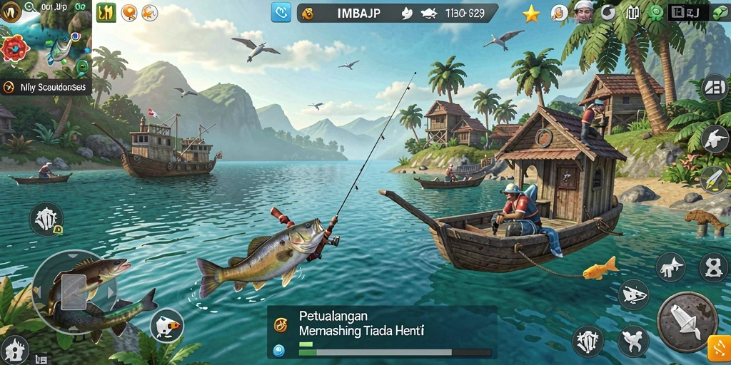 Tampilan gameplay IMBAJP yang menakjubkan dengan aksi memancing seru.