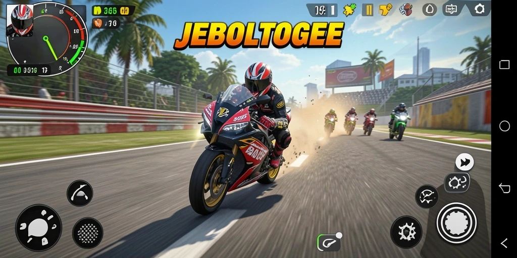Tampilan gameplay JEBOLTOGEL dengan motor balap yang memukau.