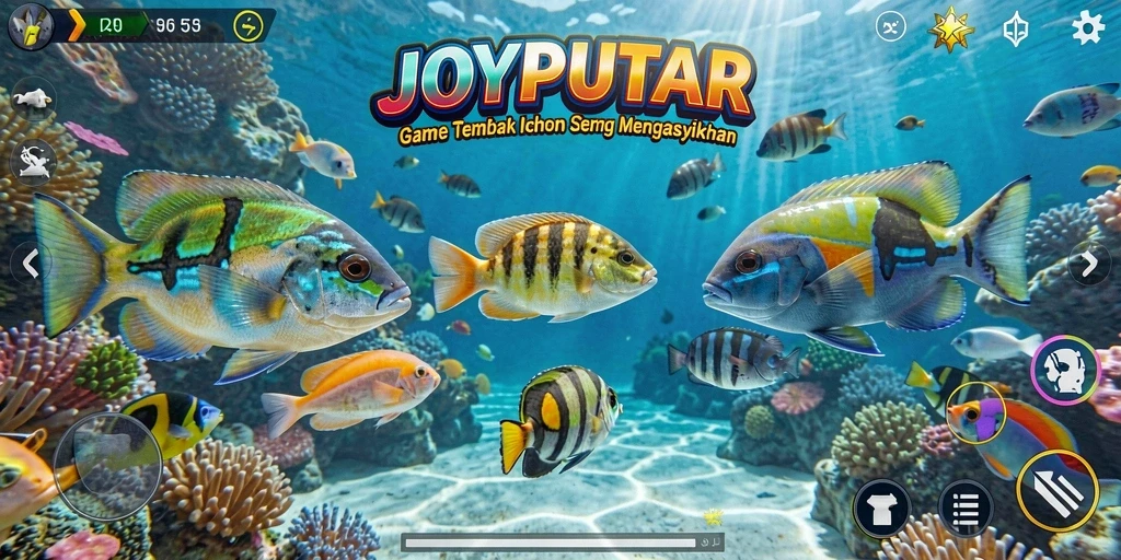 Gameplay seru JOYPUTAR dengan aksi Tembak Ikan yang mendebarkan.