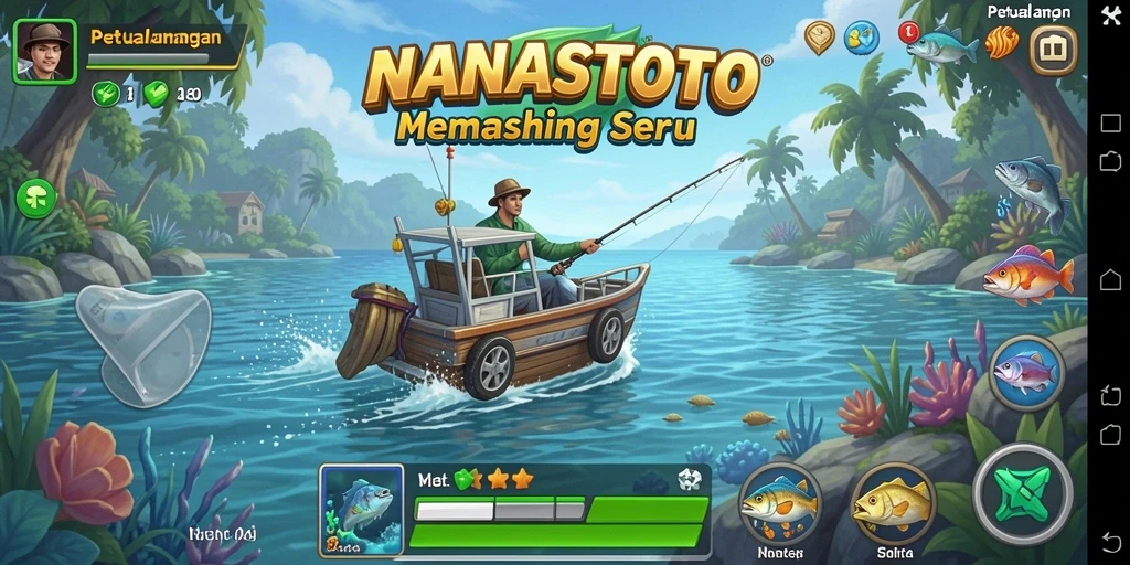 Screenshot menunjukkan gameplay seru memancing di NANASTOTO.