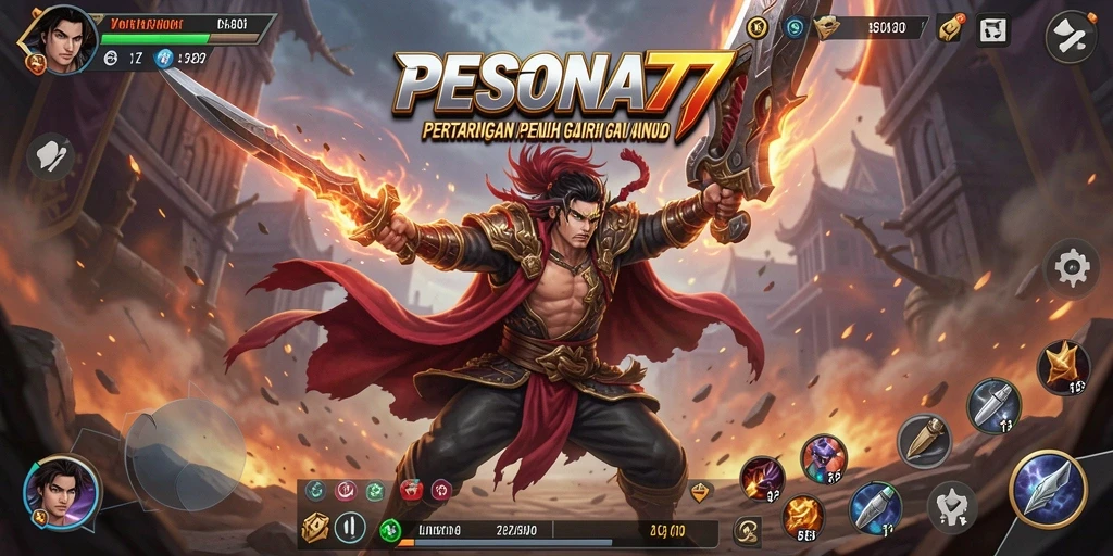 Screenshot utama PESONA77 menampilkan pertarungan mendebarkan di arena bertarung.