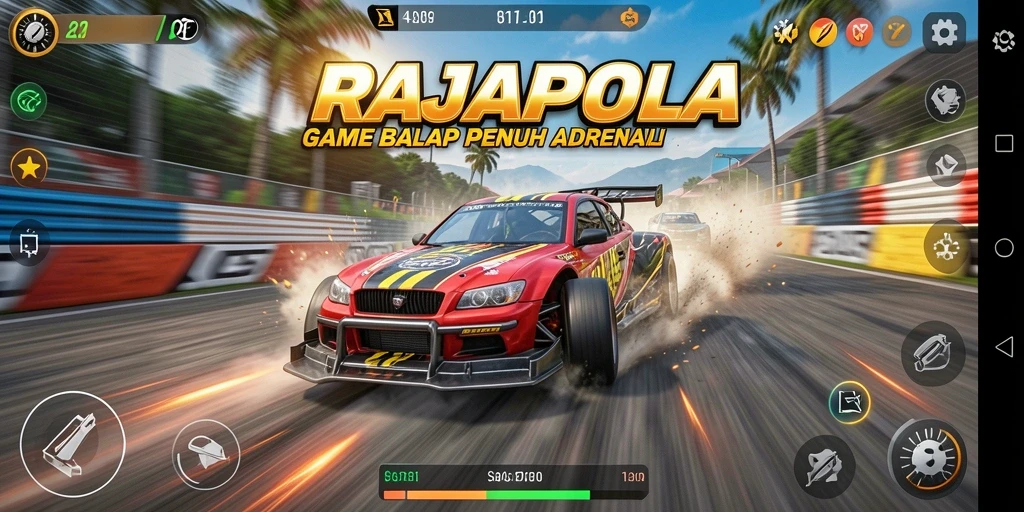 Gameplay balapan mendebarkan di RAJAPOLA dengan mobil cepat.