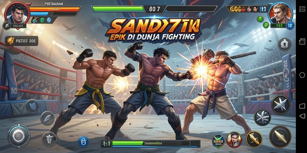 Gameplay SAND77 yang menunjukkan karakter bertarung secara intense.
