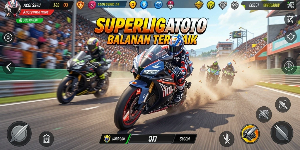 Screenshot gameplay SUPERLIGATOTO menampilkan aksi balapan motor yang mendebarkan.